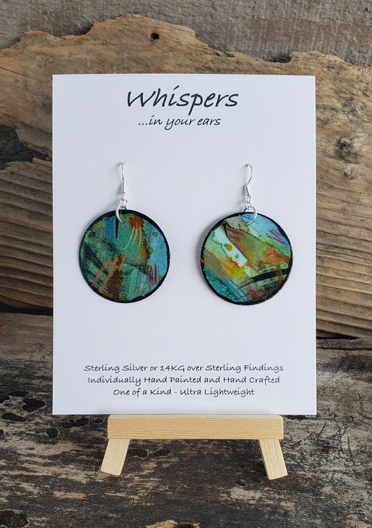 Hand painted watercolor ultra lightweight paper earrings. Blues and lime green orange and black. Mixed media pencil acrylic.  Black painted edges. Back is painted in similar colors. Circular in shape. Hangs 2 1/4" in Length