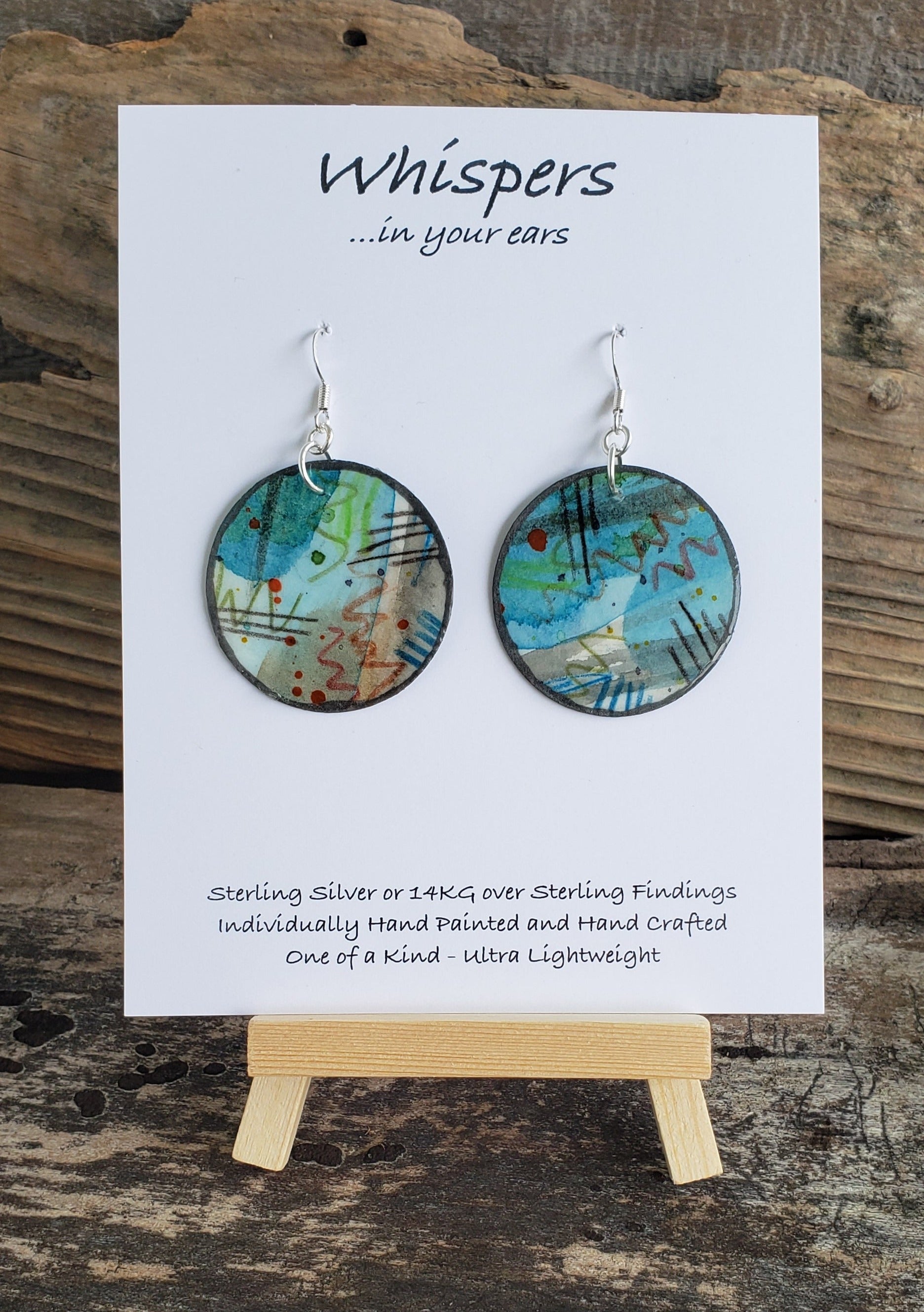 Hand Painted Cosmic Tally Abstract Watercolor Paper Earrings Ultra Lightweight Pewter Detail Painted Edge 1 1/2" Circular Drop Length 2 1/4"
