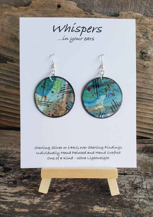 Hand Painted Cosmic Tally Abstract Watercolor Paper Earrings Ultra Lightweight Pewter Detail Painted Edge 1 1/2" Circular Drop Length 2 1/4"